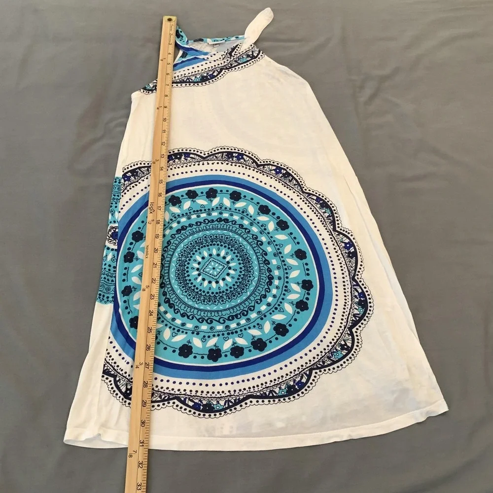 LASCANA Dress Womens 36 White Blue Halter Swing Sundress Geometric Print Cute